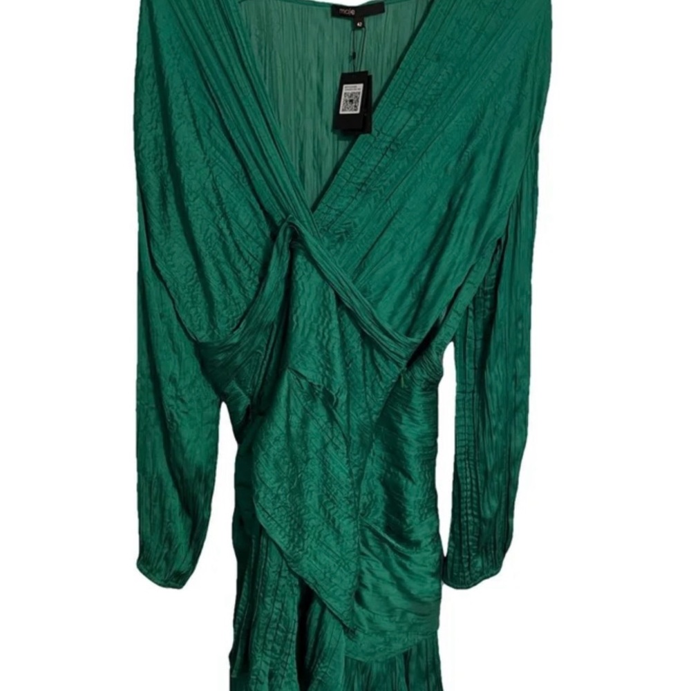 Maje Teal Pleated V-Neck Dress